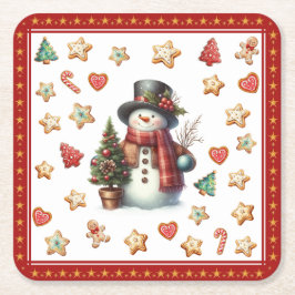 Paper Coaster Snowman and Christmas Cookies Red Underlägg Papper Kvadrat
