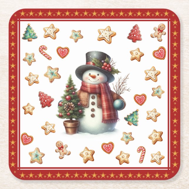 Paper Coaster Snowman and Christmas Cookies Red Underlägg Papper Kvadrat (Framsidan)