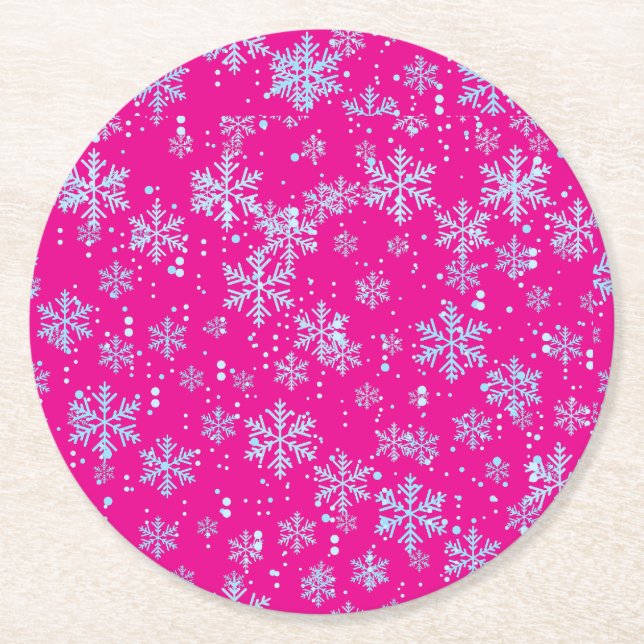 Paper Coasters, Bright Fuchsia Snowflakes Underlägg Papper Rund (Framsidan)