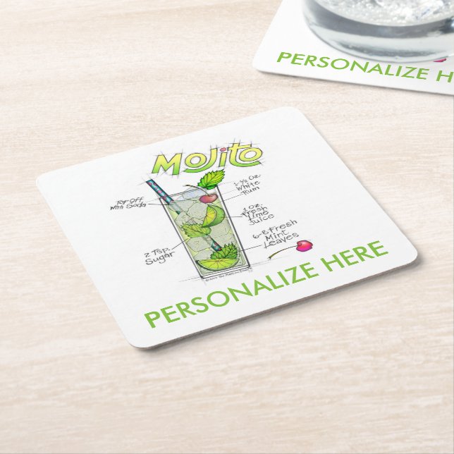PAPER COASTERS - MOJITO RECEPT COCKTAIL KONST UNDERLÄGG PAPPER KVADRAT (Vinklad)
