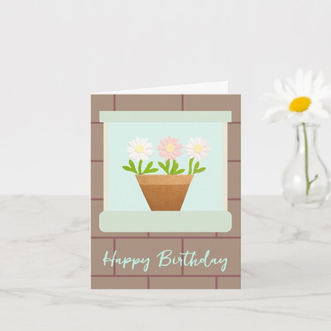 Paper Craft Daisies at House Window Birthday Card Kort (Liten växt)