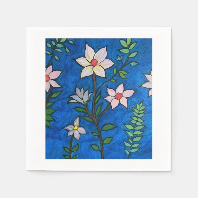 Paper Napkin Set with Flowers on a Blue Background Pappersservett (Framsidan)