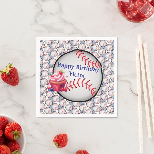 Paper Napkins Blue White Stripe Birthday Baseball Pappersservett (Insitu)