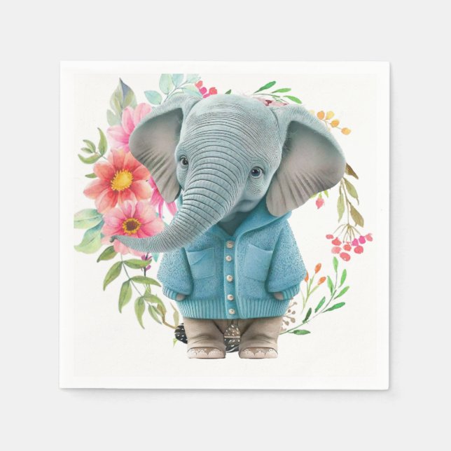 Paper Napkins Happy Blue Elephant Floral Pappersservett (Framsidan)