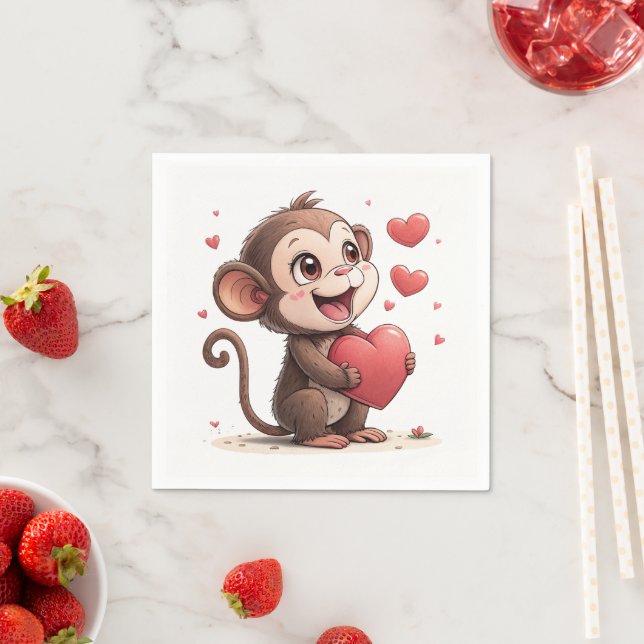 Paper Napkins Valentine's Day Monkey Red Hearts Pappersservett (Insitu)