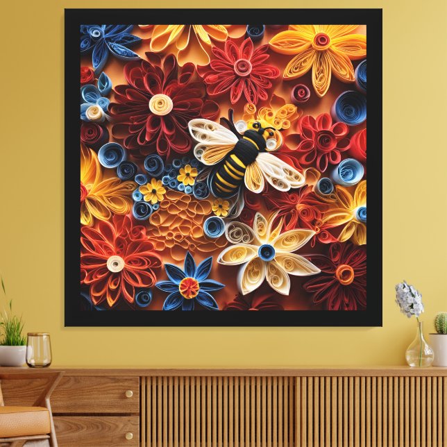 Paper Quilling Design Bee surrounded by Flowers Canvastryck (Insitu (Vardagsrum))