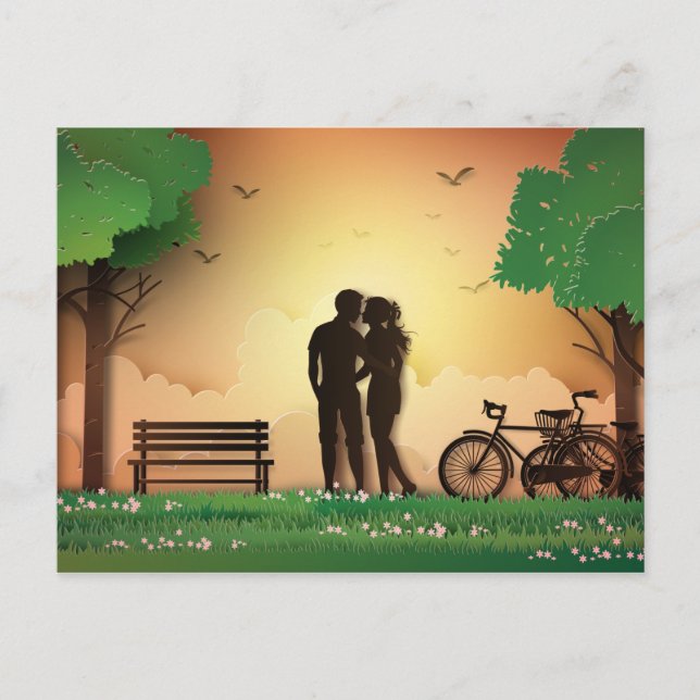 Papercut Couple in Park Sunset, cykel Vykort (Framsida)
