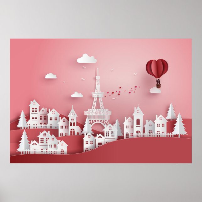 Papercut Couple Luftballong i Paris Poster (Framsidan)