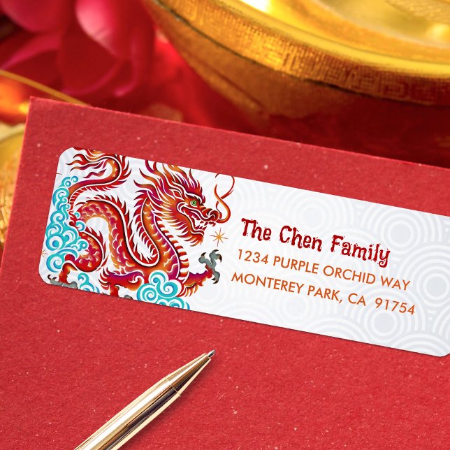 Papercut Dragon Chinese Lunar nyår 2024 Red Returadress Etikett (LINK FOR 2025 YEAR OF THE SNAKE: https://www.zazzle.com/collections/119316095761799932)