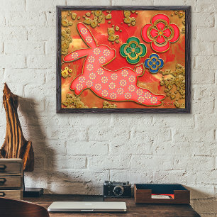 Papercut Flowers Red Guld Rabbit China Nyår Poster