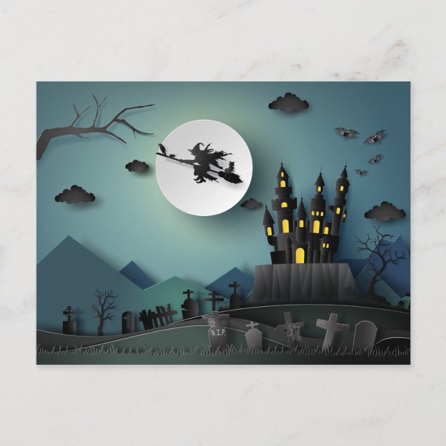 Papercut Halloween House, Witch, Graveyard Scene Vykort (Framsida)