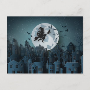 Papercut Halloween Witch flyger över staden Vykort