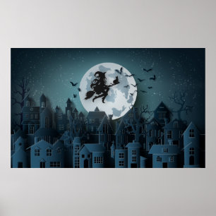 Papercut Halloween Witch som flyger över byn Poster