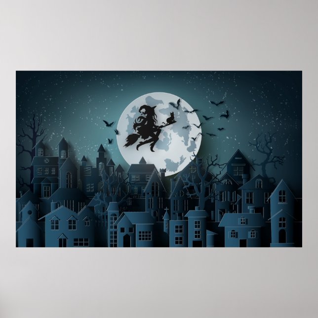 Papercut Halloween Witch som flyger över byn Poster (Framsidan)