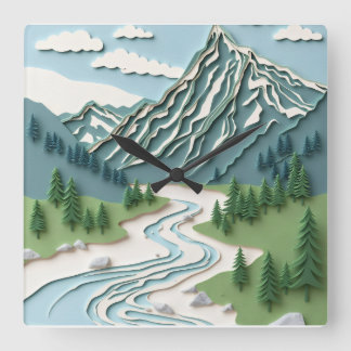 Papercut Mountain design Fyrkantig Klocka