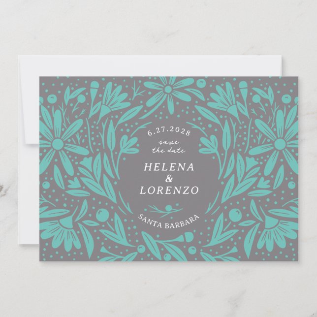 Papercut Rustic Flowers Teal Grått Spara Datumet (Framsida)