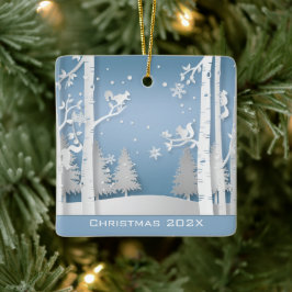 Papercut Winter Forest och Squirrels Julgransprydnad Keramik