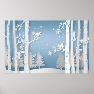 Papercut Winter Forest och Squirrels Poster