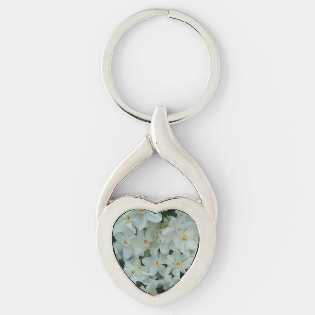 Paperwhite Narcissus delikata vita blommor Twisted Heart Silverfärgad Nyckelring (Framsidan)