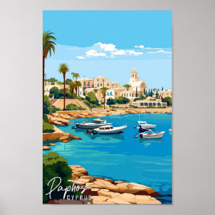 Paphos Cyprus vintage resor illustration Poster