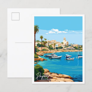 Paphos Cyprus vintage resor illustration Vykort