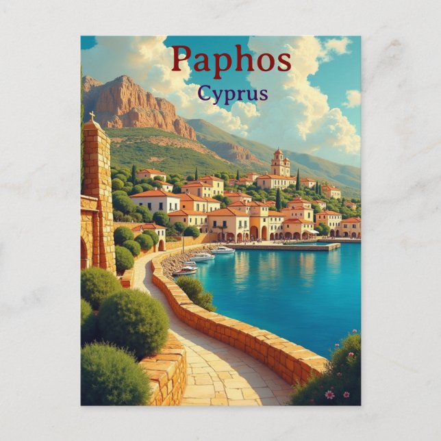 Paphos Cyprus vintage travel illustration Vykort (Framsida)