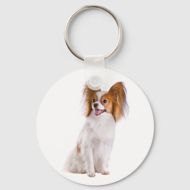 Papillon Brun och Vit Valp Hund Nyckelring (Framsida)