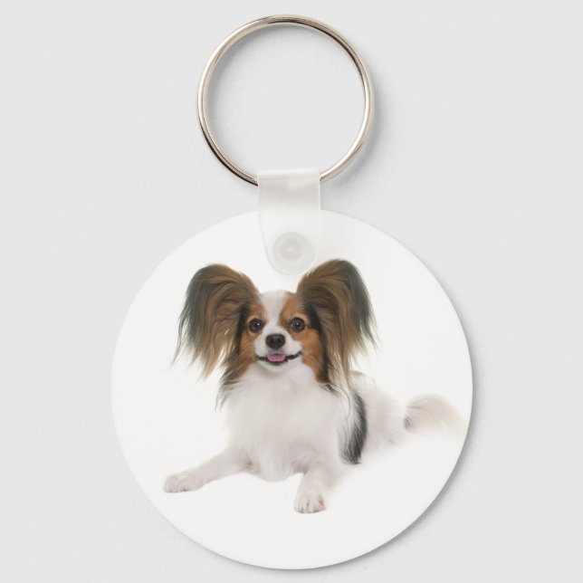 Papillon Brun och Vit Valp Hund Nyckelring (Framsida)