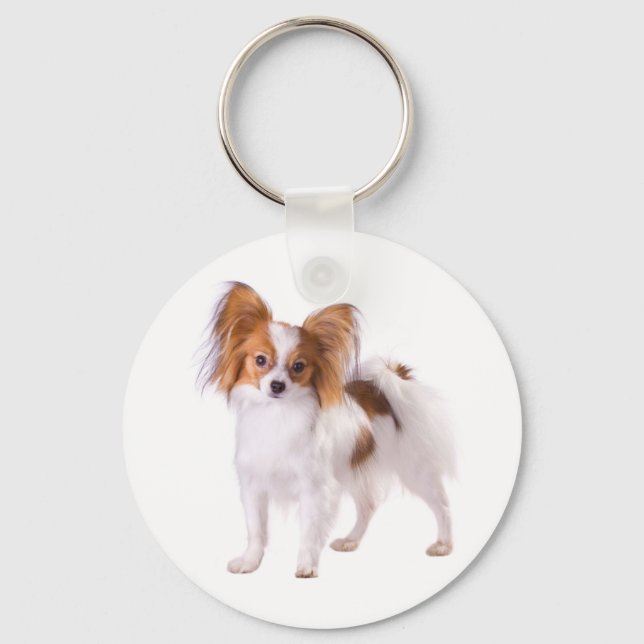 Papillon Brun och Vit Valp Hund Nyckelring (Framsida)