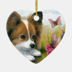 Papillon för hund 123 hund med fjärilar julgransprydnad keramik