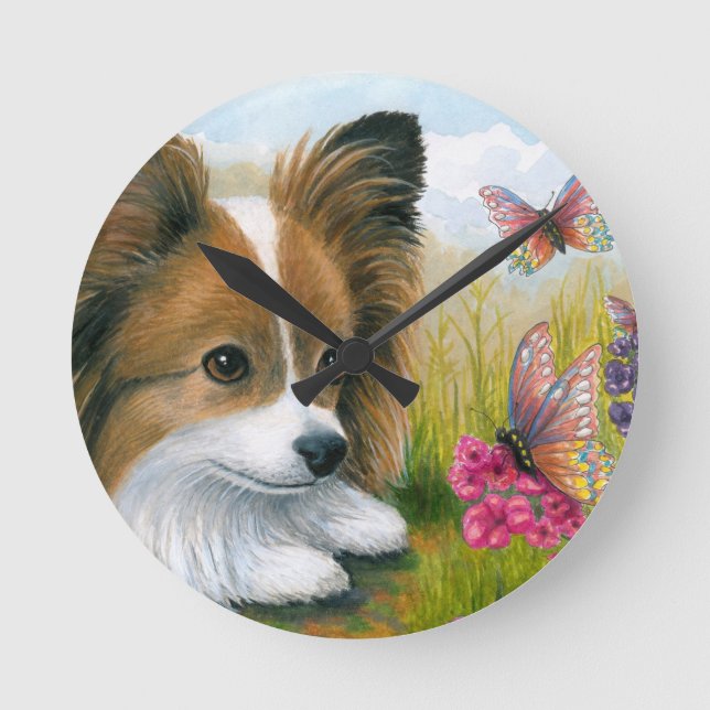 Papillon för hund 123 hund med fjärilar rund klocka (Framsida)