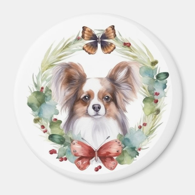 Papillon God Jul Utandning Festive Valp Magnet (Framsidan)