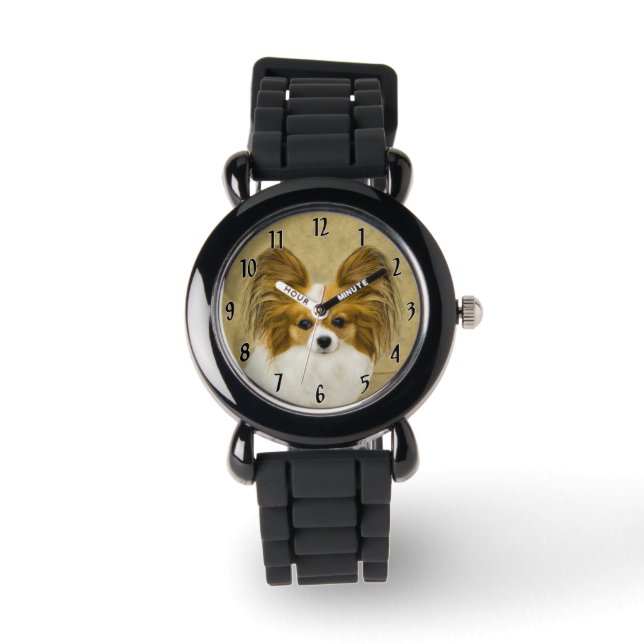 Papillon (Hound Tri) Målning - Original Hund Konst Armbandsur (Framsida)