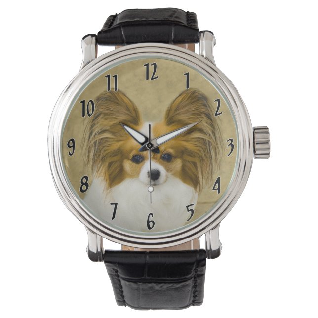 Papillon (Hound Tri)-målning - Originalkonst av Hu Armbandsur (Framsida)