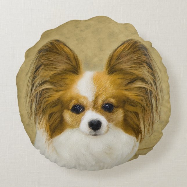 Papillon (Hound Tri)-målning - Originalkonst av Hu Rund Kudde (Baksidan)