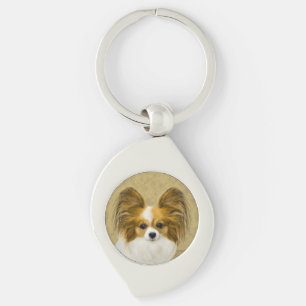 Papillon (Hound Tri)-målning - Originalkonst av Hu Swirl Silverfärgad Nyckelring