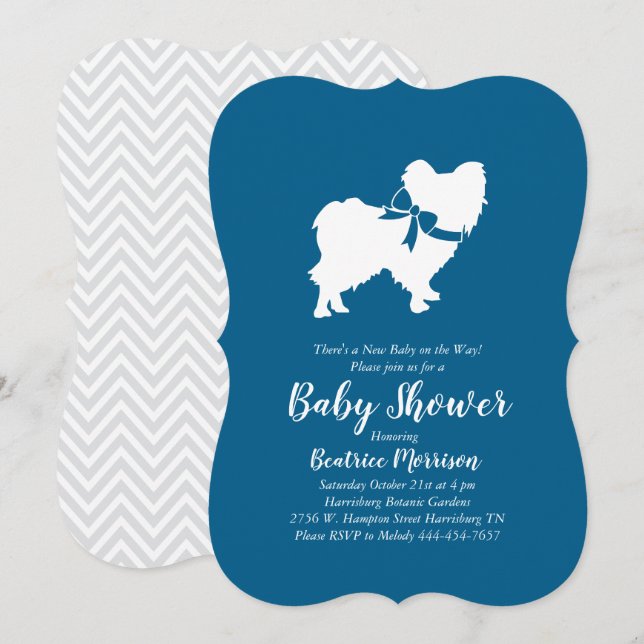 Papillon Hund Baby Shower Blå Pojke Inbjudningar (Fram/baksida)