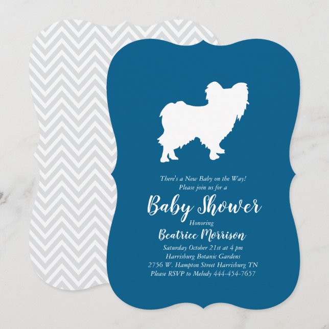 Papillon Hund Baby Shower Blue Boy Inbjudningar (Fram/baksida)