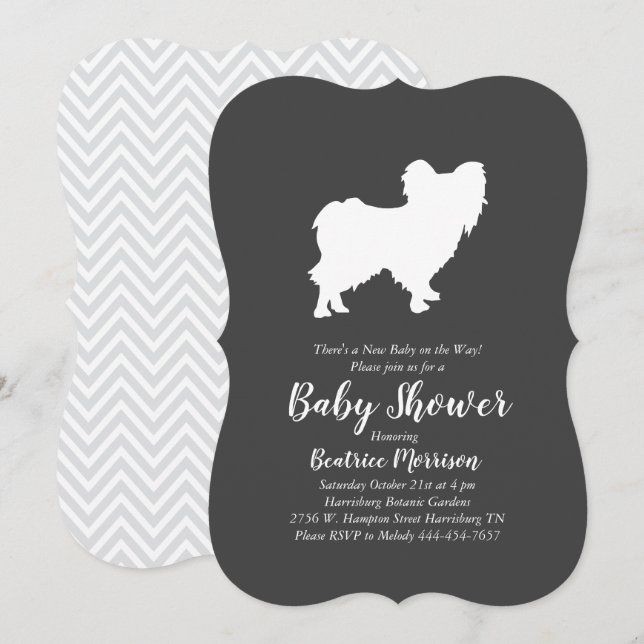 Papillon Hund Baby Shower Gender Neutral Inbjudningar (Fram/baksida)