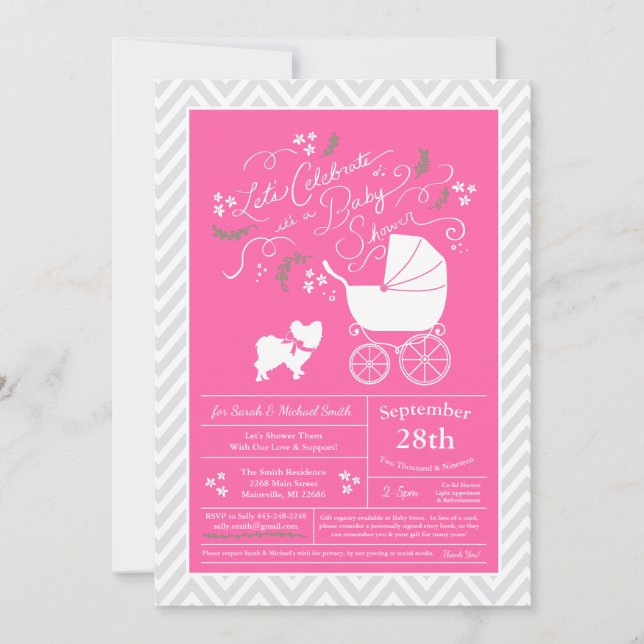 Papillon Hund Baby Shower Rosa Girl Inbjudningar (Framsida)
