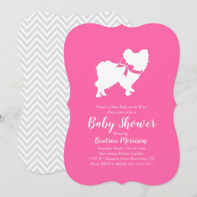 Papillon Hund Baby Shower Rosa Girl Inbjudningar (Fram/baksida)
