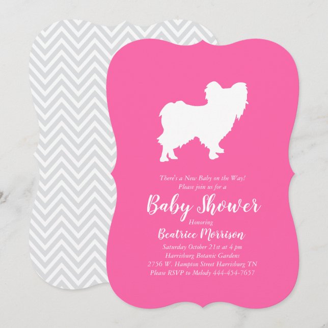 Papillon Hund Baby Shower Rosa Girl Inbjudningar (Fram/baksida)