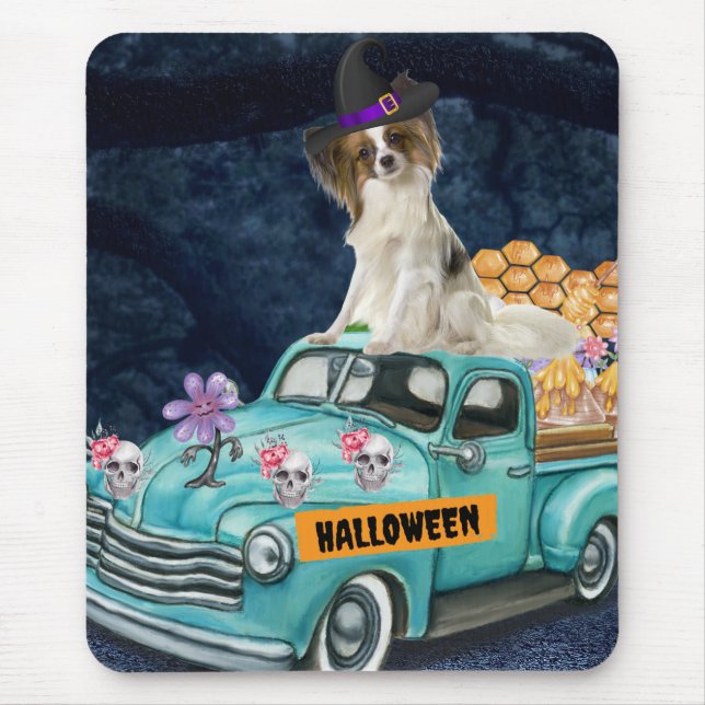 Papillon Hund Halloween Lastbil Scary Night Musmatta (Framsidan)