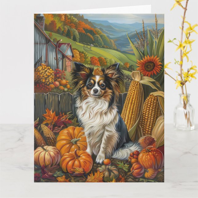 Papillon hund Höstskörd Tacksägelse Kort (Gul blomma)