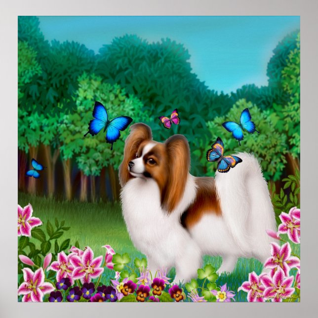 Papillon Hund i Garden Print Poster (Framsidan)