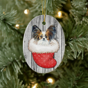 Papillon Hund i julklapp på trä Julgransprydnad Keramik
