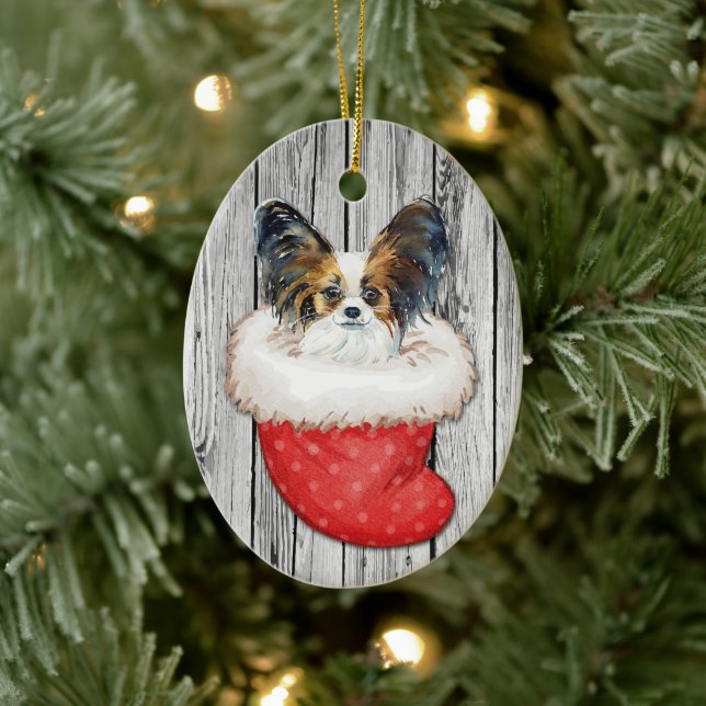 Papillon Hund i julklapp på trä Julgransprydnad Keramik (Träd)