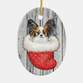 Papillon Hund i julklapp på trä Julgransprydnad Keramik