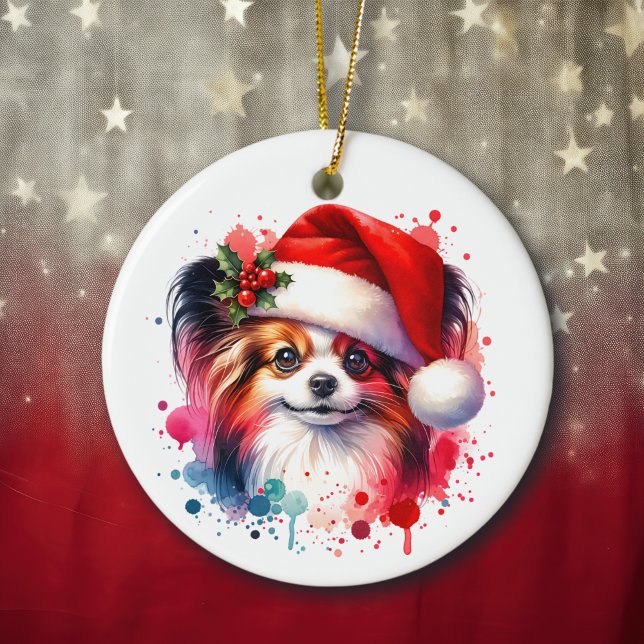 Papillon Hund i jultomten Personlig Julgransprydnad Keramik (Skapare uppladdad)