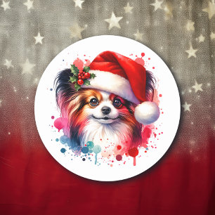 Papillon Hund i jultomten Runt Klistermärke